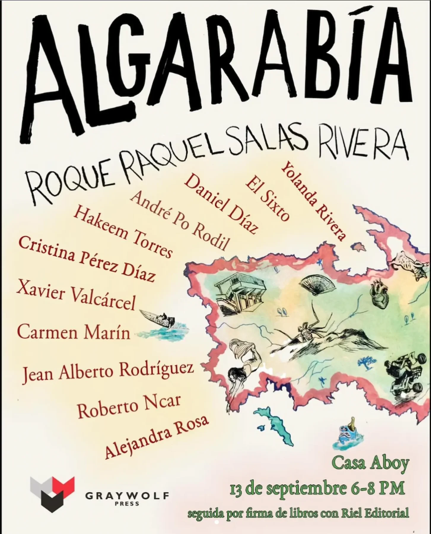 afiche de presentación del libro Algarabía por Roque Raquel Salas Rivera