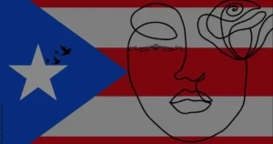 Bandera de PR con un dibujo del rostro de una mujer diseñada en Canva por Tamara Camuy