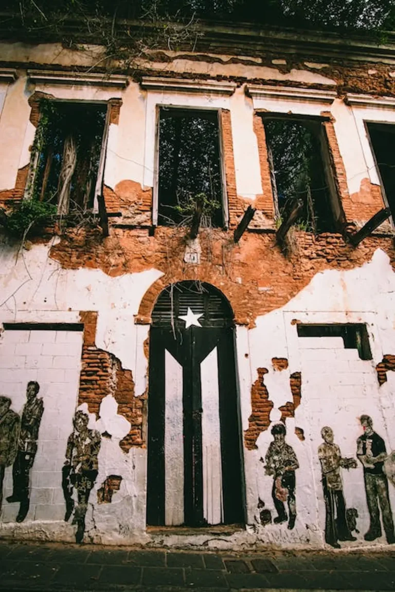 Una puerta pintada de la bandera de Puerto Rico en blanco y negro