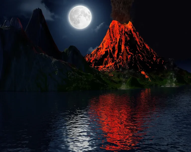 Un volcán rojo de noche con la luna iluminando