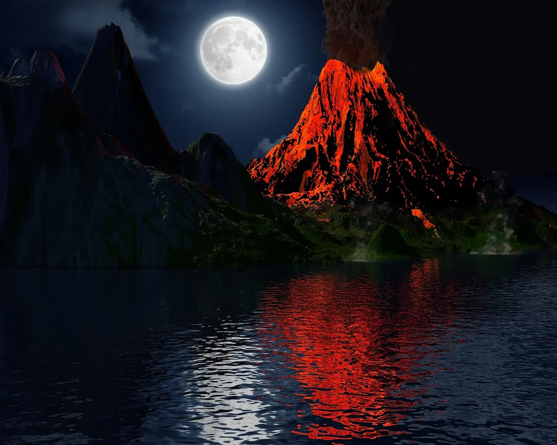 Un volcán rojo de noche con la luna iluminando